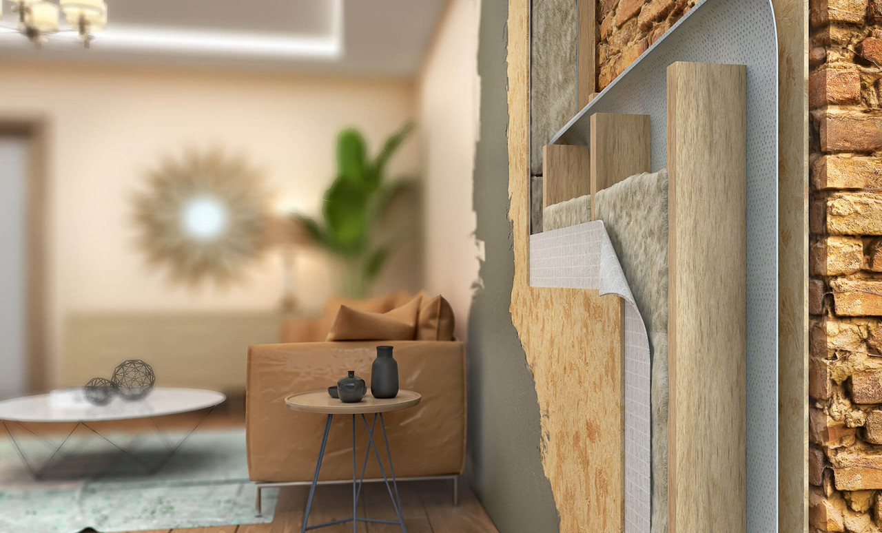 Querschnitt einer Wand mit Holzdämmung